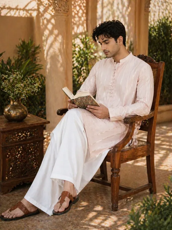 Men_Pink_And_Gold_Chanderi_Silk_Sequins_Kurta_With_Flared_Pyjama