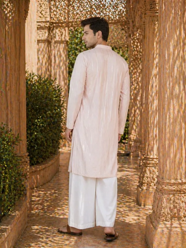Men_Pink_And_Gold_Chanderi_Silk_Sequins_Kurta_With_Flared_Pyjama