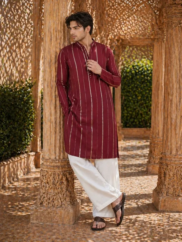 Men_Burgundy_And_Gold_Chanderi_Silk_Sequins_Kurta_With_Flared_Pyjama