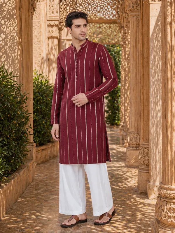 Men_Burgundy_And_Gold_Chanderi_Silk_Sequins_Kurta_With_Flared_Pyjama