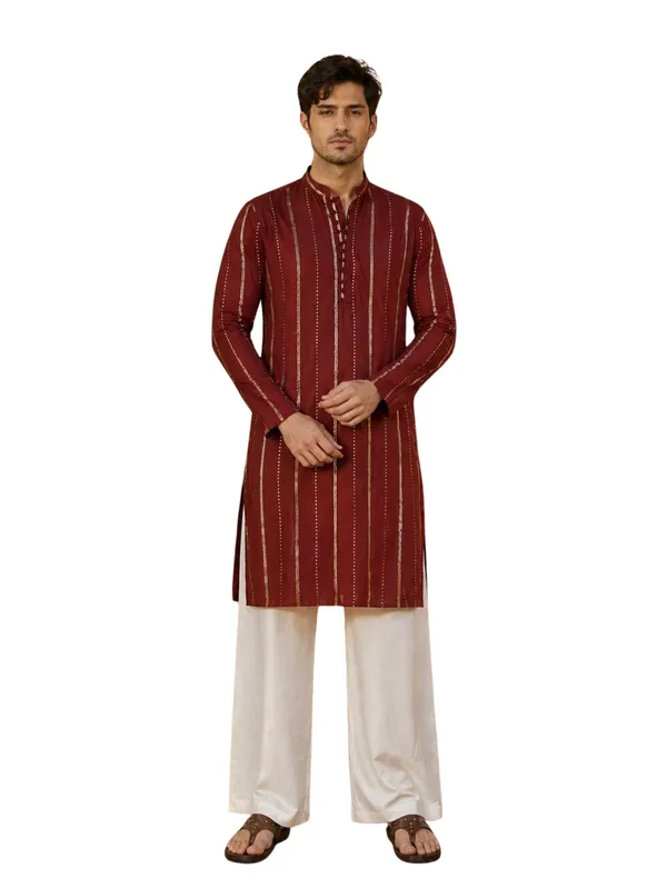 Men_Maroon_And_Gold_Chanderi_Silk_Sequins_Kurta_With_Flared_Pyjama