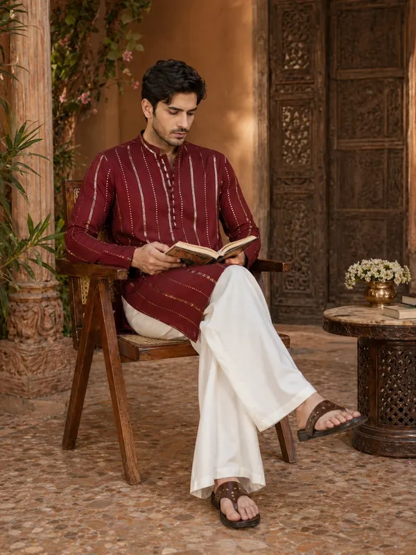 Men_Maroon_And_Gold_Chanderi_Silk_Sequins_Kurta_With_Flared_Pyjama