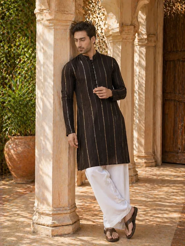 Men_Black_And_Gold_Chanderi_Silk_Sequins_Kurta_With_Flared_Pyjama