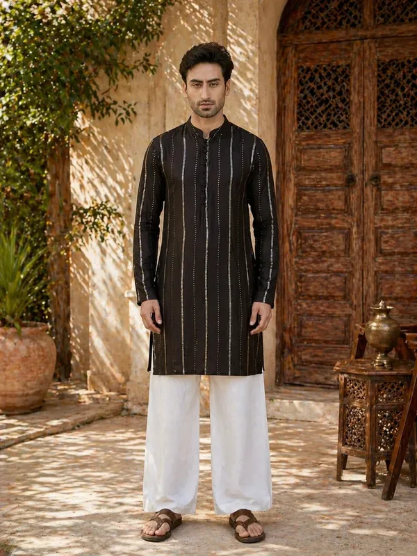 Men's_sequin_Cotton_Chanderi_Kurta_with_Wide_leg_Pyjama