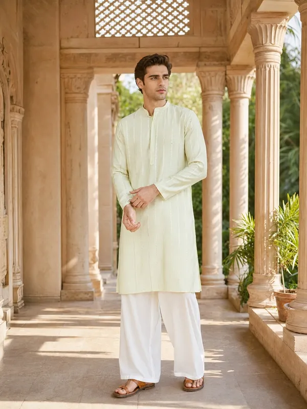 Men_Off_White_And_Gold_Chanderi_Silk_Sequins_Kurta_With_Flared_Pyjama