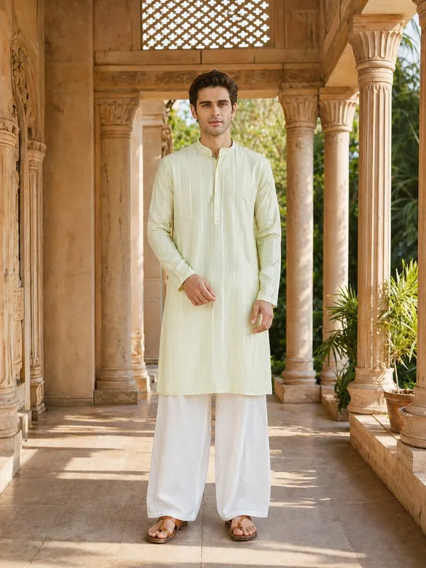 Men_Off_White_And_Gold_Chanderi_Silk_Sequins_Kurta_With_Flared_Pyjama