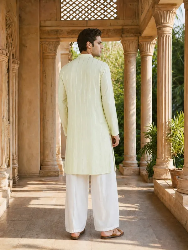 Men_Off_White_And_Gold_Chanderi_Silk_Sequins_Kurta_With_Flared_Pyjama