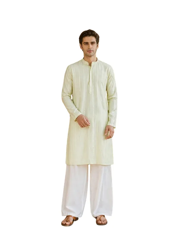 Men_Off_White_And_Gold_Chanderi_Silk_Sequins_Kurta_With_Flared_Pyjama