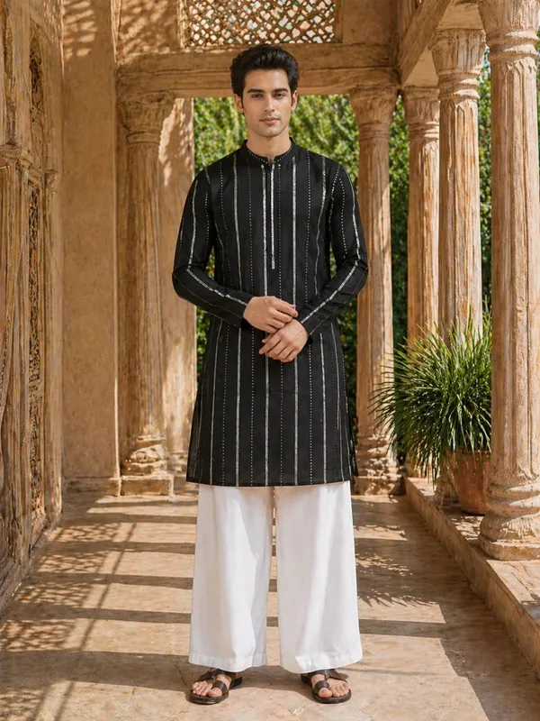 Men's_sequin_Cotton_Chanderi_Kurta_with_Wide_leg_Pyjama
