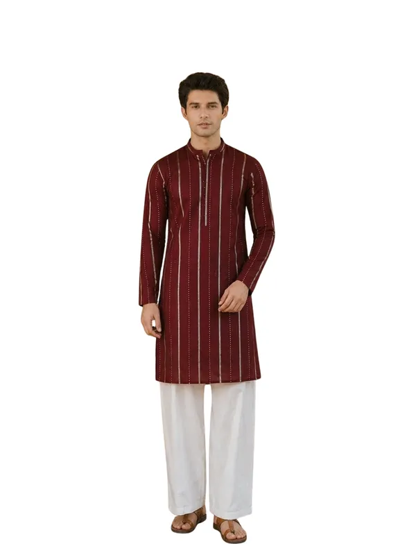 Maroon_Sequins_Embroidered_Pure_Chanderi_Silk_Straight_Kurta_With_Flared_Pyjama