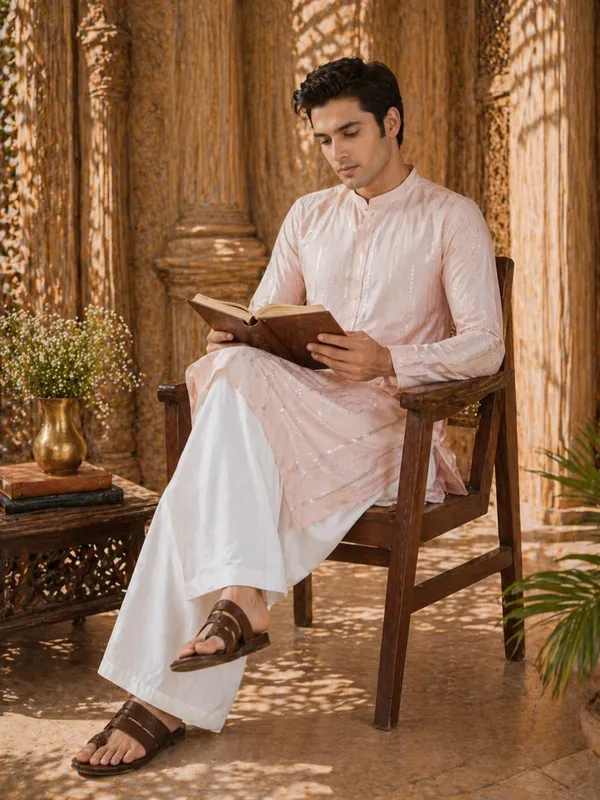 Light_Pink_Sequins_Embroidered_Pure_Chanderi_Silk_Straight_Kurta_With_Flared_Pyjama