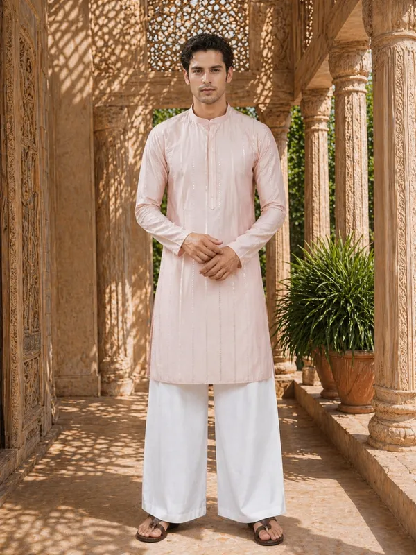Light_Pink_Sequins_Embroidered_Pure_Chanderi_Silk_Straight_Kurta_With_Flared_Pyjama