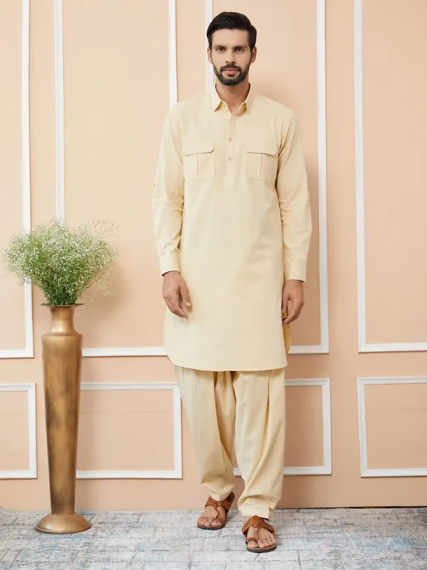 Beige_Cotton_Slub_Pathani_Kurta_With_Salwar