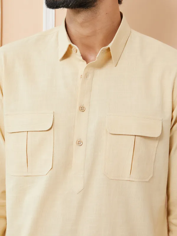 Beige_Cotton_Slub_Pathani_Kurta_With_Salwar