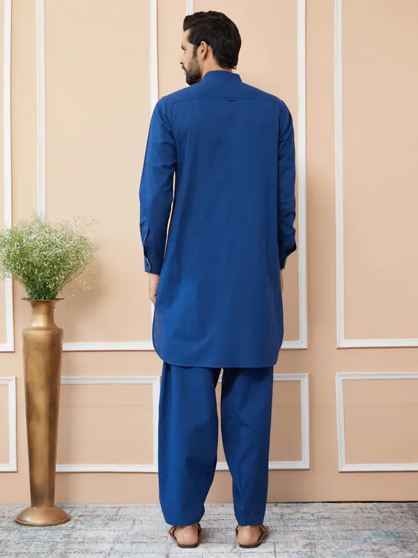 Navy_Cotton_Slub_Pathani_Kurta_With_Salwar