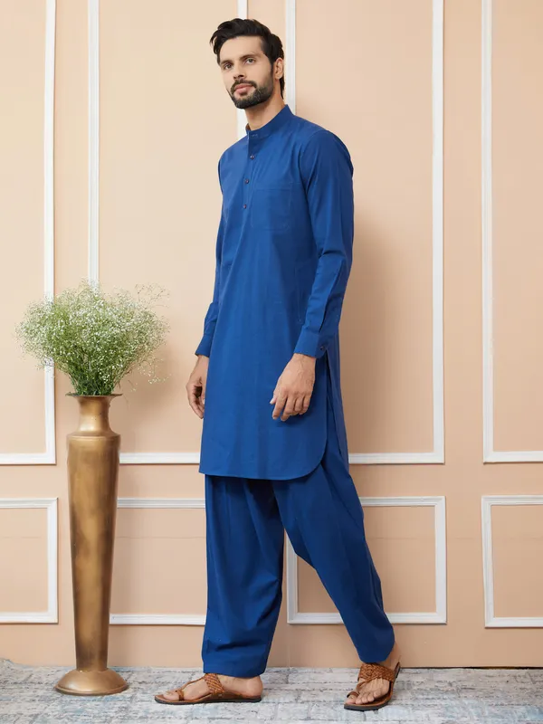 Navy_Cotton_Slub_Pathani_Kurta_With_Salwar
