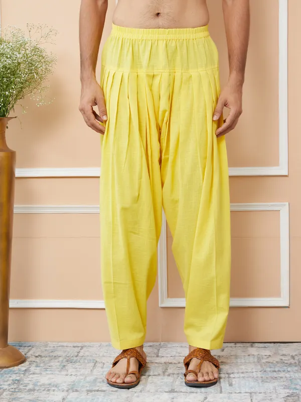 Yellow_Cotton_Slub_Pathani_Kurta_With_Salwar