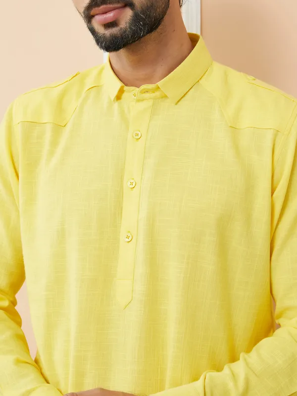 Yellow_Cotton_Slub_Pathani_Kurta_With_Salwar
