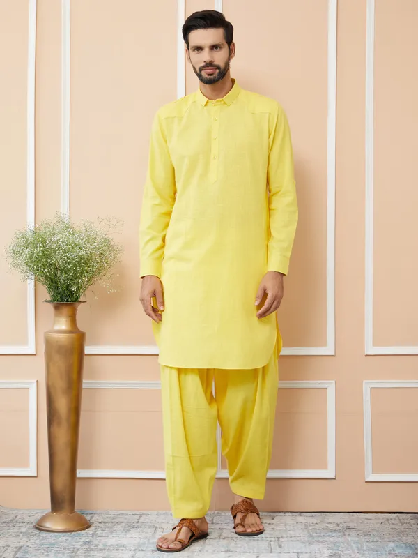 Yellow_Cotton_Slub_Pathani_Kurta_With_Salwar