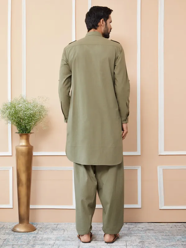 Olive_Cotton_Slub_Pathani_Kurta_With_Salwar