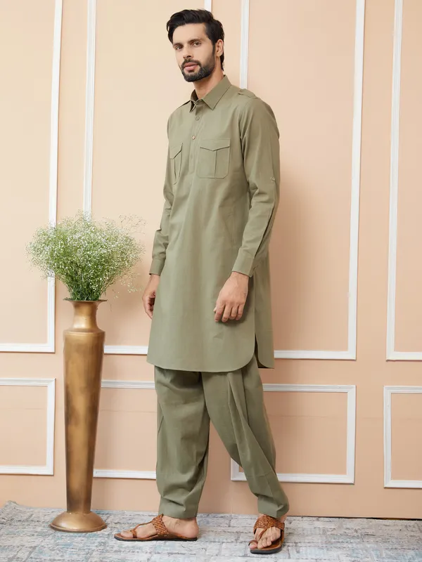 Olive_Cotton_Slub_Pathani_Kurta_With_Salwar