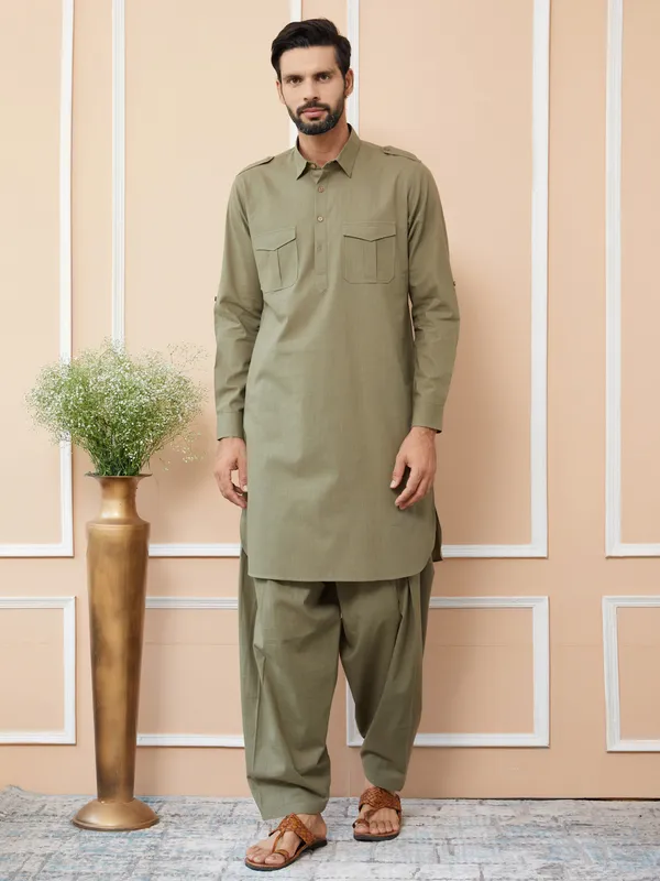 Olive_Cotton_Slub_Pathani_Kurta_With_Salwar