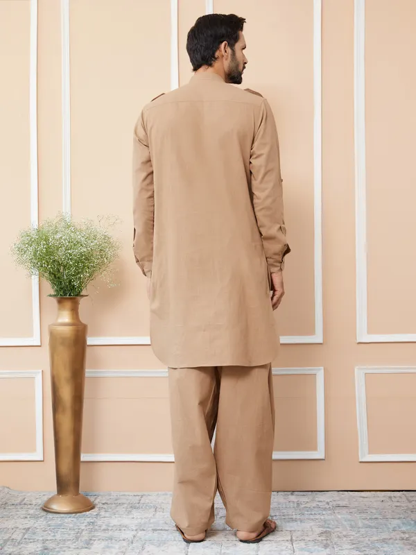 Light_Brown_Cotton_Slub_Pathani_Kurta_With_Salwar