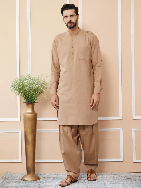 Light_Brown_Cotton_Slub_Pathani_Kurta_With_Salwar