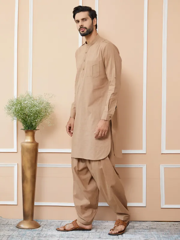 Light_Brown_Cotton_Slub_Pathani_Kurta_With_Salwar