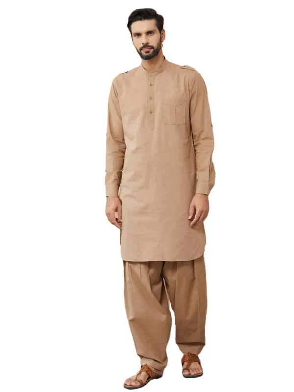 Light_Brown_Cotton_Slub_Pathani_Kurta_With_Salwar
