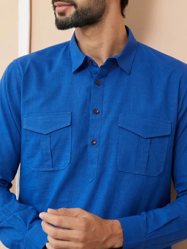 Blue_Cotton_Slub_Pathani_Kurta_With_Salwar