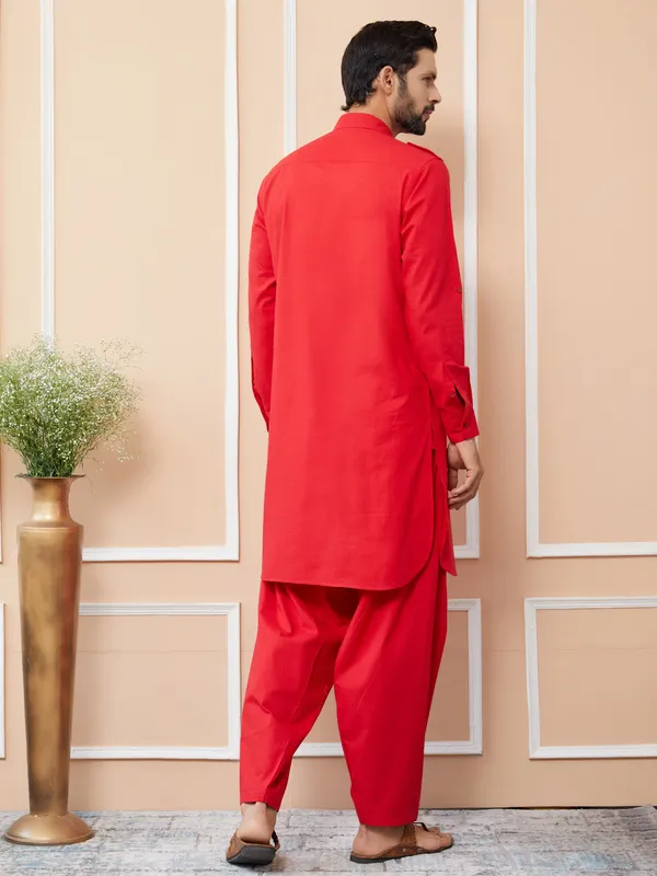 Red_Cotton_Slub_Pathani_Kurta_With_Salwar