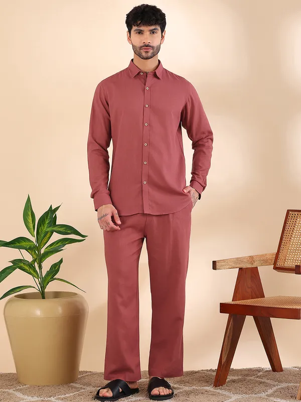 Men_Red_Linen_Solid_Co-Ord_Set