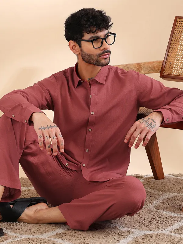 Men_Red_Linen_Solid_Co-Ord_Set
