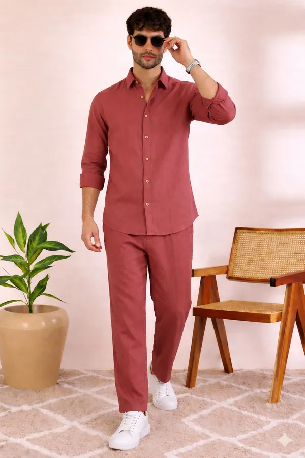Men_Red_Linen_Solid_Co-Ord_Set