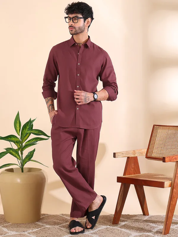 Men_Maroon_Linen_Solid_Co-Ord_Set