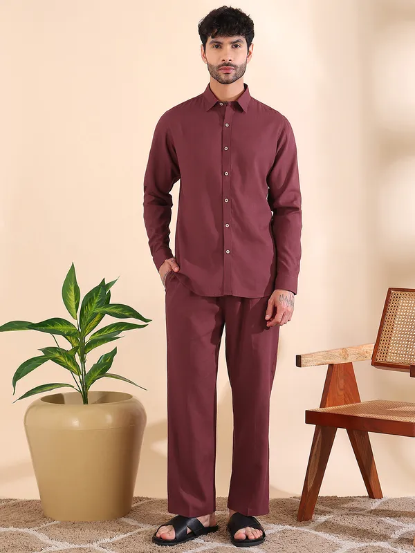 Men_Maroon_Linen_Solid_Co-Ord_Set