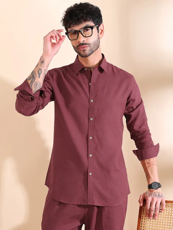 Men_Maroon_Linen_Solid_Co-Ord_Set