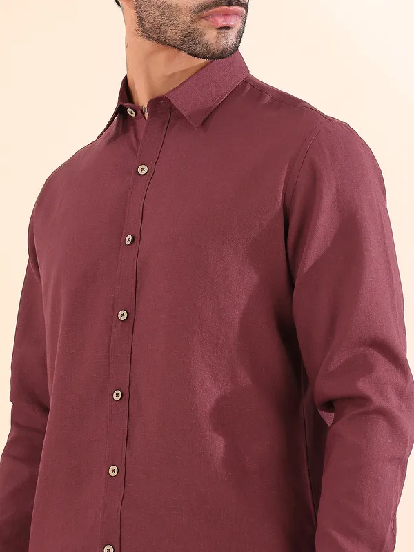 Men_Maroon_Linen_Solid_Co-Ord_Set