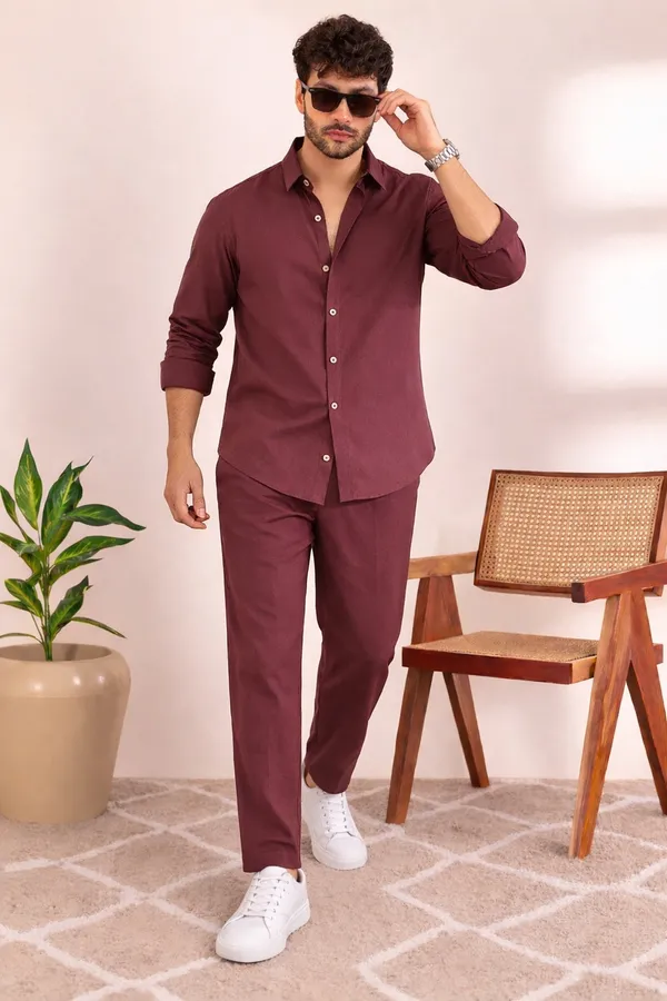 Men_Maroon_Linen_Solid_Co-Ord_Set