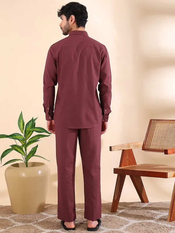 Men_Maroon_Linen_Solid_Co-Ord_Set