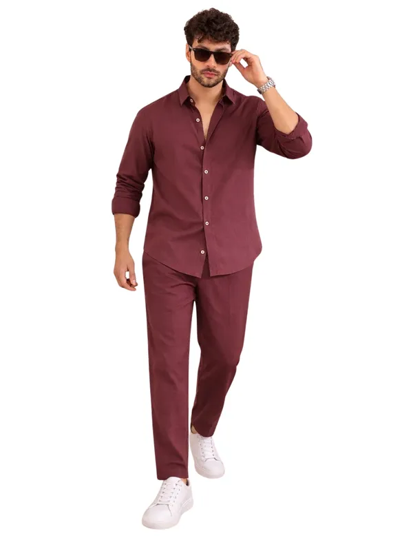 Men_Maroon_Linen_Solid_Co-Ord_Set