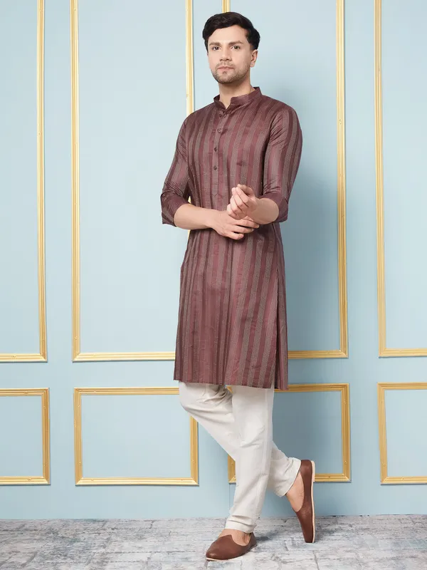 Men_Coffee_&_Gold_Woven_Design_Thread_Work_Kurta_With_Pajama