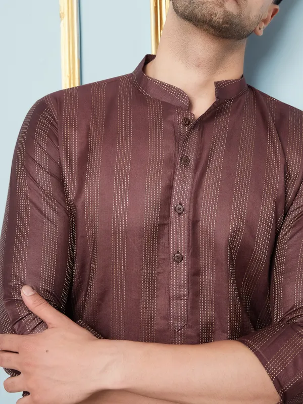 Men_Coffee_&_Gold_Woven_Design_Thread_Work_Kurta_With_Pajama