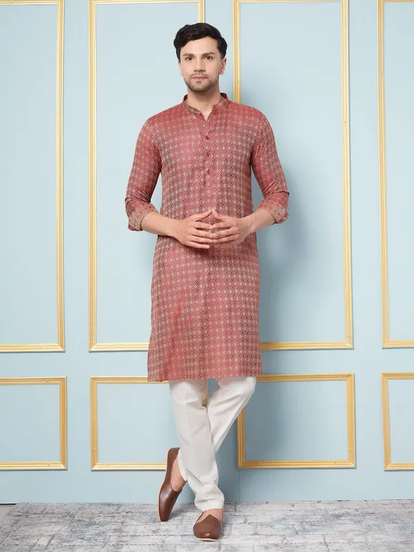 Men_Maroon_&_Gold_Woven_Design_Thread_Work_Kurta_With_Pajama