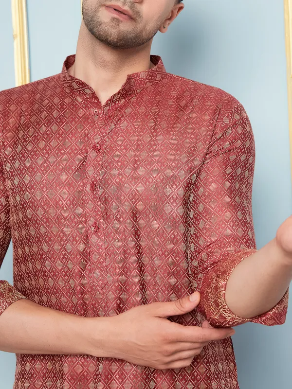 Men_Maroon_&_Gold_Woven_Design_Thread_Work_Kurta_With_Pajama
