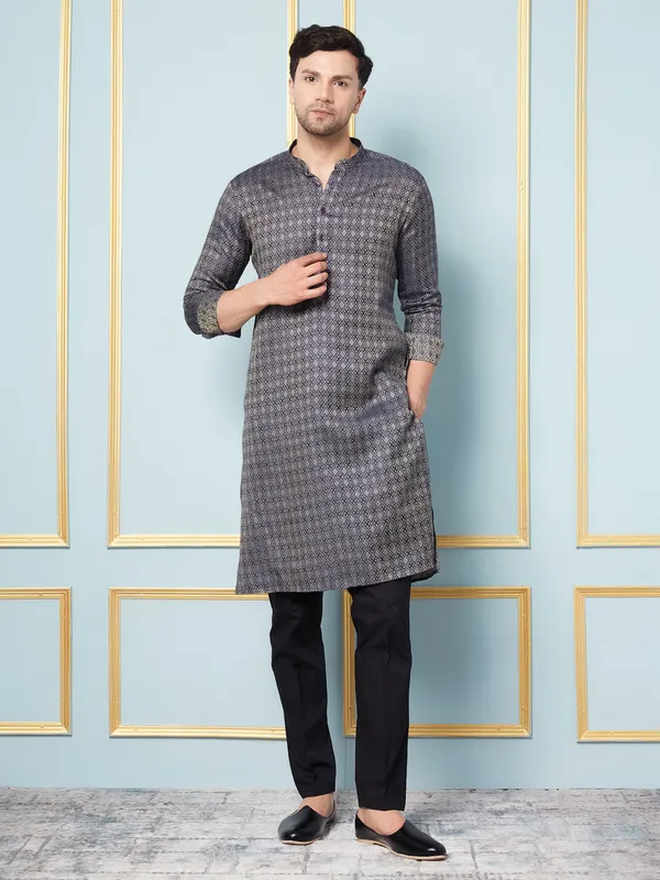 Men_Blue_&_Gold_Woven_Design_Thread_Work_Kurta_With_Pajama