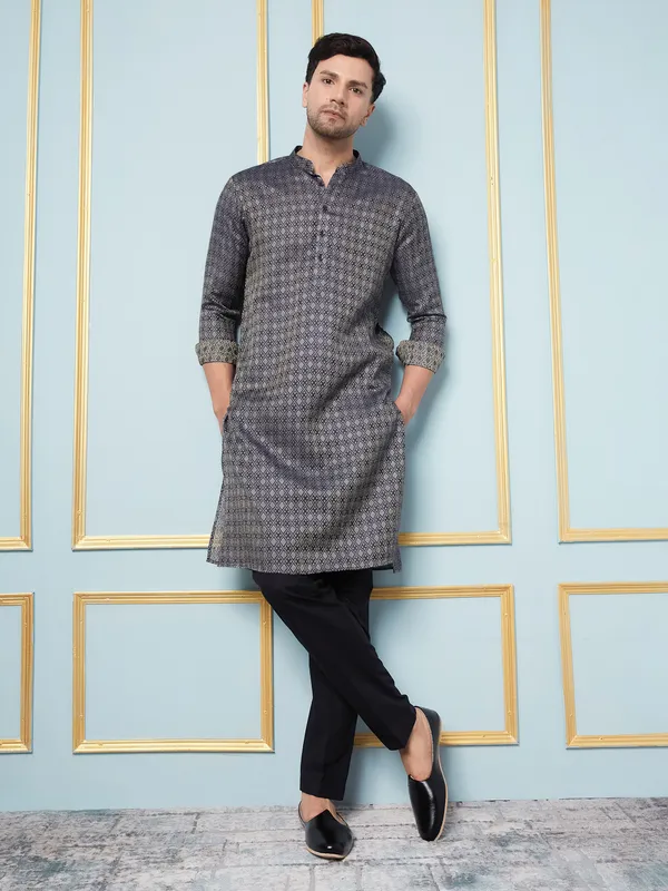 Men_Blue_&_Gold_Woven_Design_Thread_Work_Kurta_With_Pajama