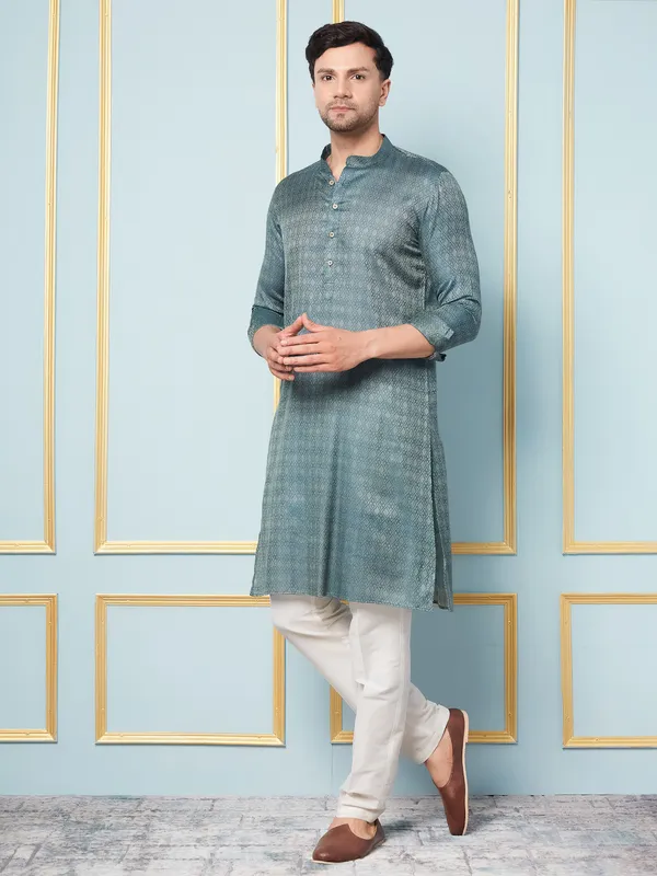 Men_Green_&_Gold_Woven_Design_Thread_Work_Kurta_With_Pajama