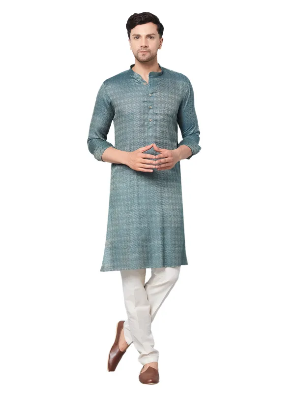 Men_Green_&_Gold_Woven_Design_Thread_Work_Kurta